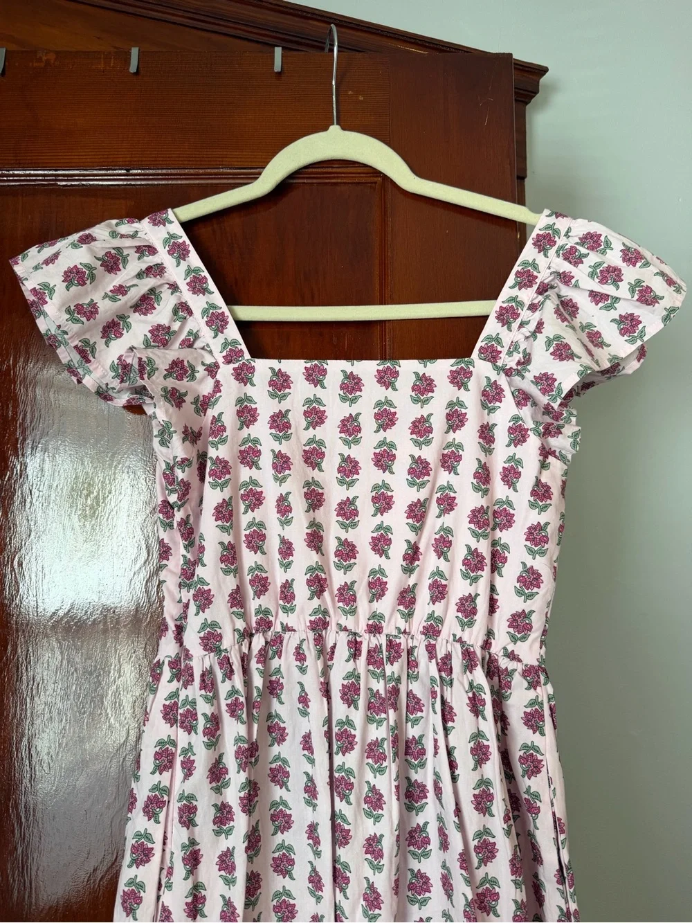 J.Crew Pink Floral Square Neck Ruffle Sleeve Midi Dress